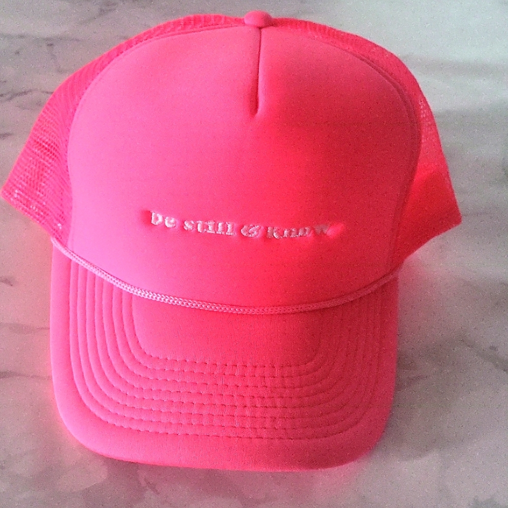 Hot/neon pink & white Be Still & Know snap back trucker hat